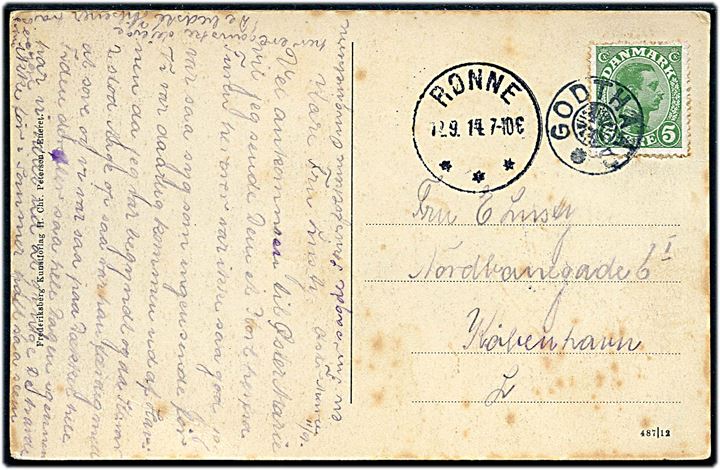 5 øre Chr. X på brevkort annulleret med stjernestempel GODTHAAB og sidestemplet Rønne d. 12.9.1914 til København.