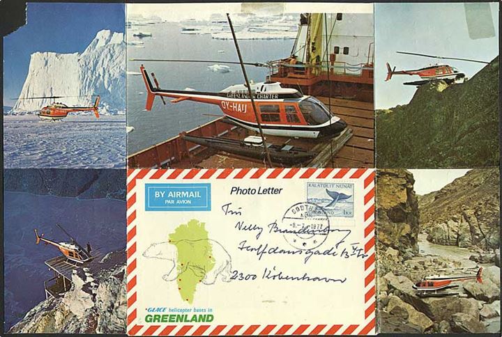 1 kr. Grønlandshval på Photo Letter (Glace Helicopter bases in Greenland) fra Godthåb d. 8.7.1977 til København.
