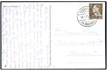 40 øre Fr. IX på brevkort (Risin og Kellingin) annulleret med pr.-stempel Funningur pr. Tórshavn d. 19.7.1966 til København.