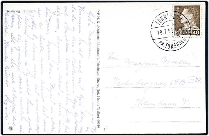 40 øre Fr. IX på brevkort (Risin og Kellingin) annulleret med pr.-stempel Funningur pr. Tórshavn d. 19.7.1966 til København.