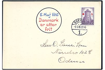 10+5 øre Røde Kors provisorium på filatelistisk brevkort 5. Maj 1945 Danmark er atter frit stemplet Odense d. 5.5.1945 til Odense.