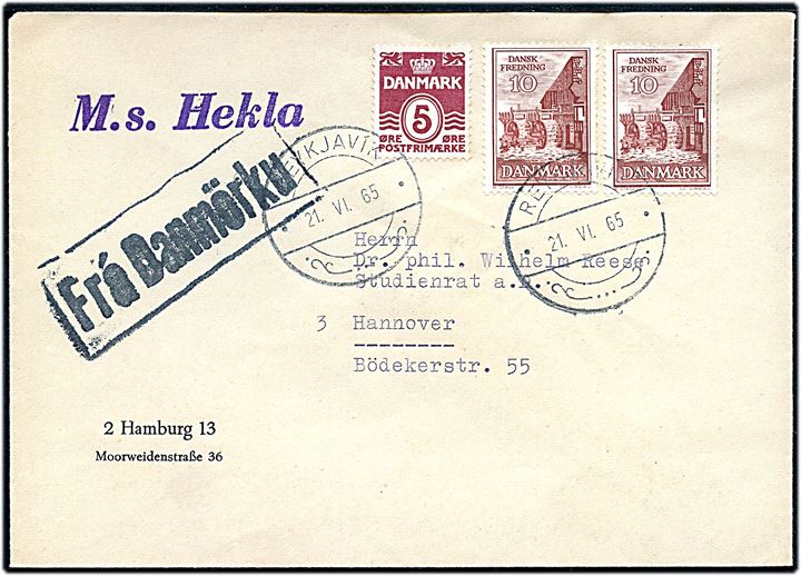 5 øre Bølgelinie og 10 øre Dansk Fredning (2) på skibsbrev annulleret med islandsk stempel i Reykjavik d. 21.6.1965 og sidestemplet Frá Danmörku til Hannover, Tyskland. Privat skibsstempel: M.s. Hekla.
