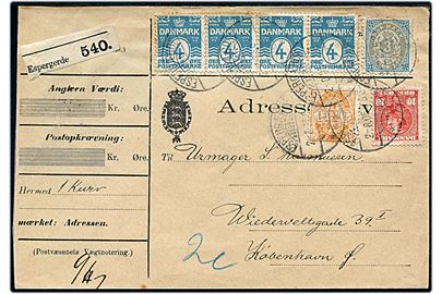 1 øre Våben, 3 øre Tofarvet, 4 øre Bølgelinie (4) og 10 øre Chr. IX på adressebrev for pakke fra Espergærde d. 2.8.1905 til København.