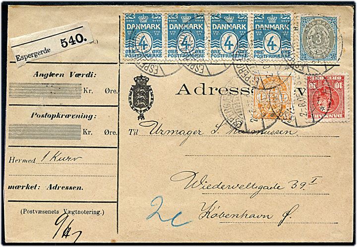 1 øre Våben, 3 øre Tofarvet, 4 øre Bølgelinie (4) og 10 øre Chr. IX på adressebrev for pakke fra Espergærde d. 2.8.1905 til København.