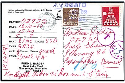 Amerikansk 10 c. Luftpost på underfrankeret QSL-kort fra Christiansted, Virgin Islands d. 4.11.1968 til København, Danmark. Udtakseret i porto med 1 kr. Rigsvåben annulleret PORTO at betale d. 8.11.1968.