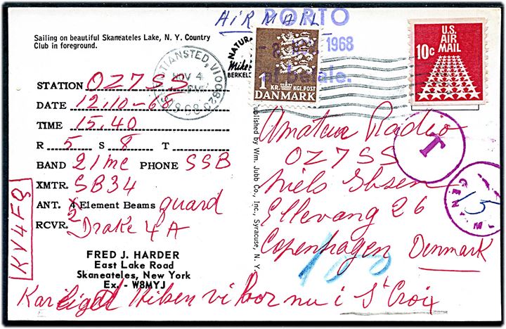 Amerikansk 10 c. Luftpost på underfrankeret QSL-kort fra Christiansted, Virgin Islands d. 4.11.1968 til København, Danmark. Udtakseret i porto med 1 kr. Rigsvåben annulleret PORTO at betale d. 8.11.1968.