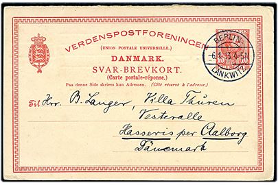 10 øre Chr. IX svardel af dobbelt helsagsbrevkort annulleret med tysk stempel Berlin - Lankwitz d. 6.1.1913 til Hasseris pr. Aalborg, Danmark.
