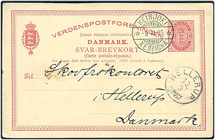 10 øre Våben svardel af dobbelt helsagsbrevkort annulleret med 2-sproget finsk stempel Heinjoki d. 9.3.1895 til Hellerup, Danmark. Ank.stemplet lapidar Hellerup d. 13.3.1895.