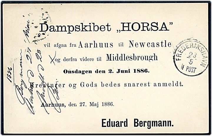4 øre helsagsbrevkort sendt som tryksag med fortrykt advis vedr. dampskibet S/S Horsa fra Aarhus d. 27.5.1886 til Frederikshavn.