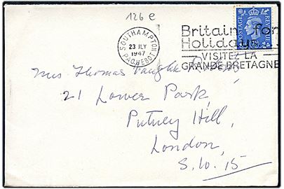 2½d George VI på skibsbrev annulleret Southampton Paquebot / Britain for Hollidays /Visitez la Grand Britagne d. 23.7.1947 til London.