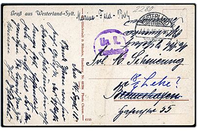 Ufrankeret feltpostkort (Hoyer Schleuse) stemplet Westerland d. 14.9.1918 til Bremerhaven - eftersendt til Lehe. Violet censurstempel Ue. K. Tondern. 