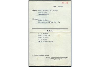 Kvittering for indhold i pakkke fra Komiteen for internerede danske Polititjenestemænd sendt fra København d. 5.3.1945 til dansk politimand Niels Nielsen i Stalag 4D (Torgau) i arbejdskommando Teutschenthal.