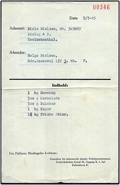 Kvittering for indhold i pakkke fra Komiteen for internerede danske Polititjenestemænd sendt fra København d. 5.3.1945 til dansk politimand Niels Nielsen i Stalag 4D (Torgau) i arbejdskommando Teutschenthal.