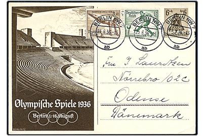 6+4 pfg. Olympiade illustreret helsagsbrevkort opfrankeret med 3+2 pfg. og 6+4 pfg. Olympiade udg. fra Berlin d. 23.6.1936 til Odense, Danmark. 