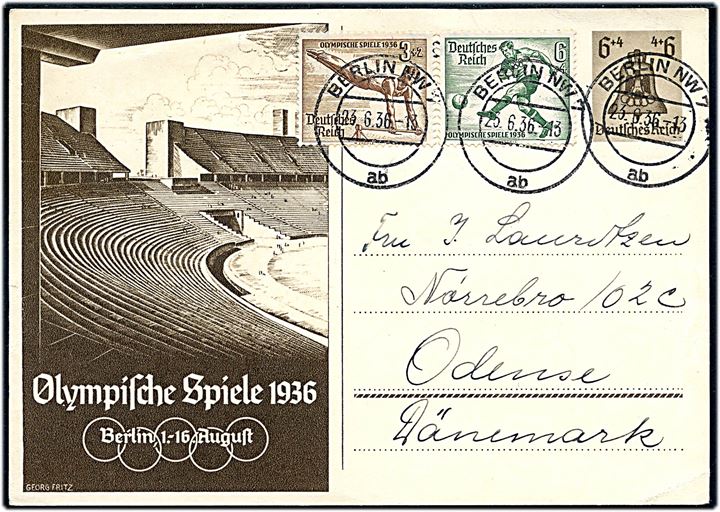 6+4 pfg. Olympiade illustreret helsagsbrevkort opfrankeret med 3+2 pfg. og 6+4 pfg. Olympiade udg. fra Berlin d. 23.6.1936 til Odense, Danmark. 