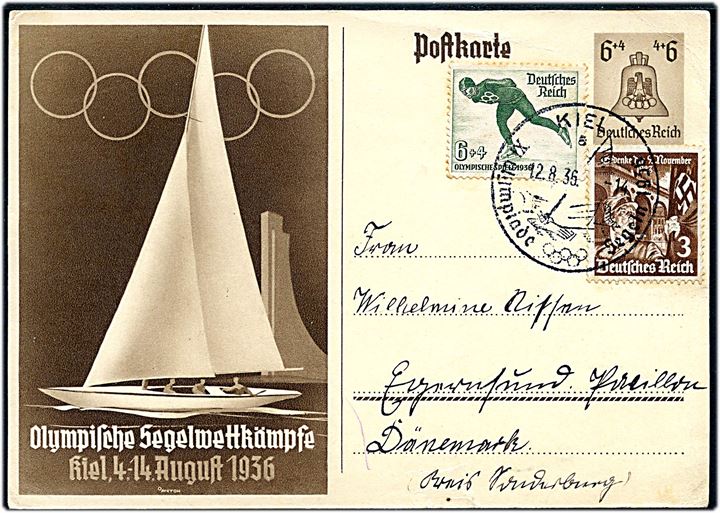 6+4 pfg. illustreret Olympiade helsagsbrevkort opfrankeret 6+4 pfg. Olympiade udg. annulleret med særstempel Kiel Olympiade Segeln 1936 d. 12.8.1936 til Egernsund, Danmark.