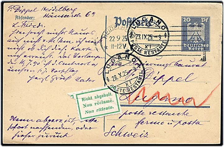 20 pfg. helsagsbrevkort fra Heidelberg d. 22.9.1925 til poste restante i ugano, Schweiz. Returneret med 3-sproget returetiket Nicht abgeholt.