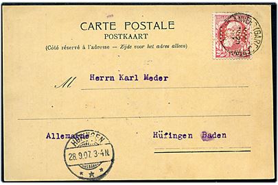 10 c. Leopold med perfin M.M.L. på fortrykt brevkort fra Minerva Motors Ltd. i Anvers d. 27.9.1907 til Hüfingen, Tyskland.