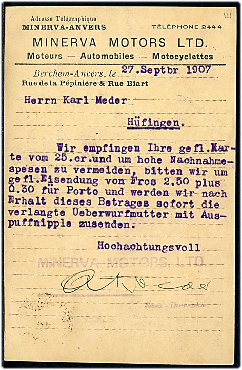 10 c. Leopold med perfin M.M.L. på fortrykt brevkort fra Minerva Motors Ltd. i Anvers d. 27.9.1907 til Hüfingen, Tyskland.