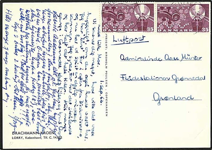 35 øre Tivoli (2) på luftpost brevkort fra Hellerup d. 2.9.1962 til Flådestation Grønnedal, Grønland.