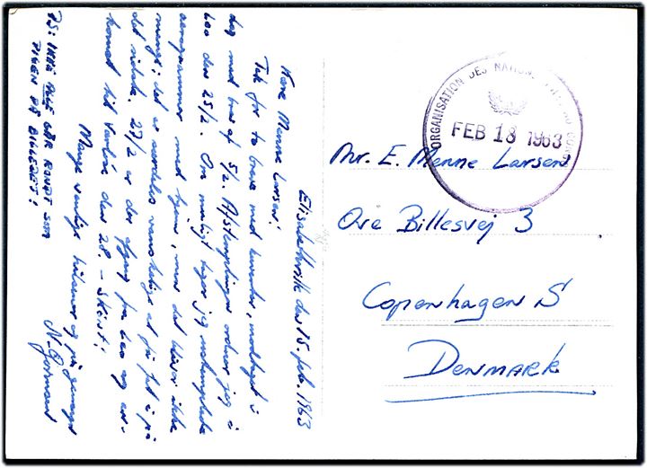 Ufrankeret brevkort (Ung afrikaner) dateret Elisabethville d. 15.2.1963 og stemplet Organisation des Nations Unies au Congo d. 18.2.1963 til København, Danmark.