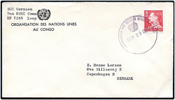 30 øre Fr. IX på tjenestekuvert fra Organisation des Nations Unies au Congo annulleret med violet gummistempel Organisation des Nations Unies au Congo d. 29.9.1962 til København. Fra dansk FN-styrke i Leopoldville, Congo.