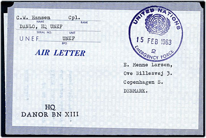 Ufrankeret fortrykt UNEF air letter stemplet United nations Emergency Force 2 d. 15.2.1963 til København, Danmark. Afs.-stempel: HQ DANOR BN XIII.