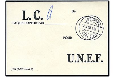 Fortrykt brevbundtvignet formular J16 (5-52 1/25 A2) med bureaustempel København - Fredericia T.20 d. 5.3.1965 til UNEF (= Danske FN-styrker i Gaza).