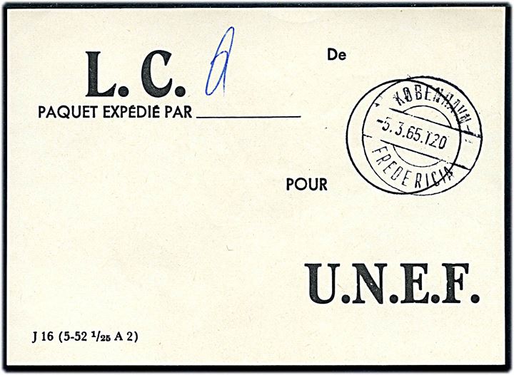 Fortrykt brevbundtvignet formular J16 (5-52 1/25 A2) med bureaustempel København - Fredericia T.20 d. 5.3.1965 til UNEF (= Danske FN-styrker i Gaza).
