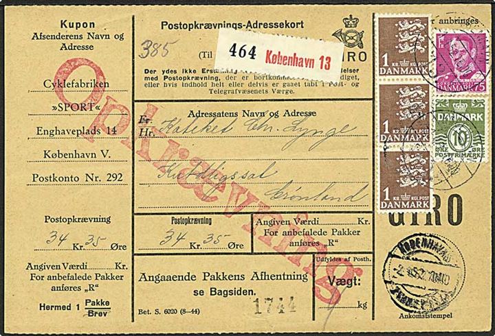 10 øre Bølgelinie, 1 kr. Rigsvåben (3) og 75 øre Fr. IX på adressekort for pakke med opkrævning fra København d. 1.4.1952 til Kutdligssat, Grønland.