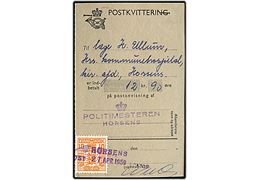 10 øre Gebyrmærke annulleret med kontorstempel Horsens Postkontor d. 27.4.1959 på postkvittering for indbetaling fra Politimesteren i Horsens til Horsens Kommunehospital.