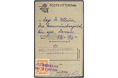10 øre Gebyrmærke annulleret med kontorstempel Horsens Postkontor d. 27.4.1959 på postkvittering for indbetaling fra Politimesteren i Hortsens til Horsens Kommunehospital.