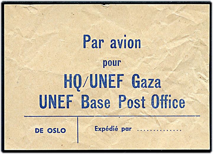 Fortrykt luftpost brevbundtvignet fra Oslo for post til HQ UNEF Gaza via UNEF Base Post Office.