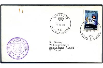 0,40 mk. på brev annulleret  UNFICYP / Suomi-Finland d. 11.10.1968 til Mariehamn, Åland, Finland. Afd.-stempel Suomen YK-Pataljoona * HK *. Sendt fra de finske FN-styrker på Cypern.
