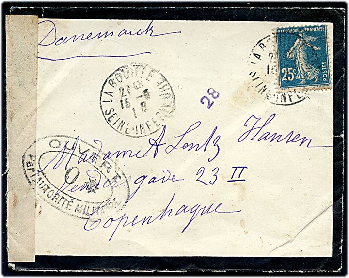 25 c. på sørgebrev fra La Bouille d. 15.5.1918 til København, Danmark. Dobbeltcensureret ved den franske censur i Dieppe med stempel *0 og 12.