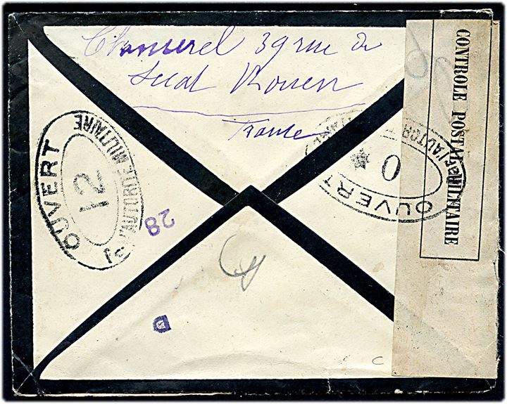 25 c. på sørgebrev fra La Bouille d. 15.5.1918 til København, Danmark. Dobbeltcensureret ved den franske censur i Dieppe med stempel *0 og 12.
