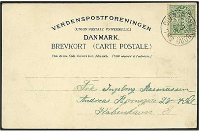 5 øre Våben på brevkort fra Troense annulleret med lapidar bureaustempel Odense - Svendborg 7 Tog d. 29.8.190x til København.