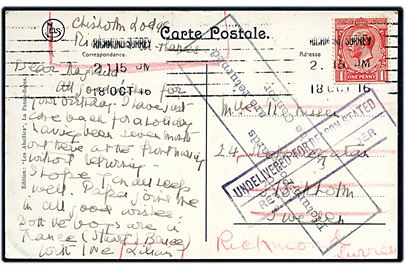 1d George V på brevkort (St. Idesbald, Les dunes et la chapelle) fra Richmond Durrey d. 18.10.1916 til Stockholm, Sverige. Returneret med stempel Picture Post-cards are returned by the Censor.