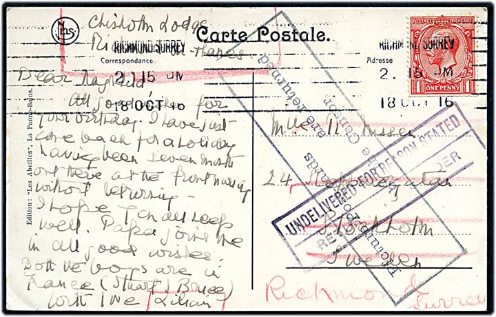 1d George V på brevkort (St. Idesbald, Les dunes et la chapelle) fra Richmond Durrey d. 18.10.1916 til Stockholm, Sverige. Returneret med stempel Picture Post-cards are returned by the Censor.