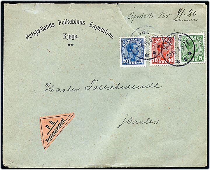 5 øre, 10 øre og 20 øre Chr. X på fortrykt kuvert fra Østsjællands Folkeblads Expedition sendt med postopkrævning fra Kjøge d. 21.10.1918 til Haslev. Revet i toppen.