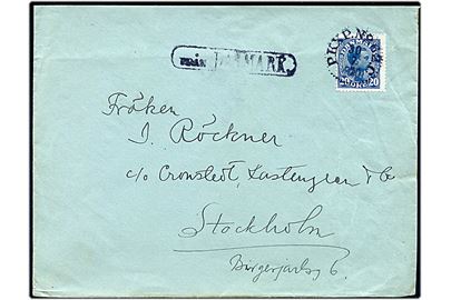 20 øre Chr. X på brev annulleret med svensk bureaustempel PKXP No. 62C (= Malmö - Nässjö) d. 30.7.1920 og sidestemplet Från Danmark til Stockholm, Sverige.