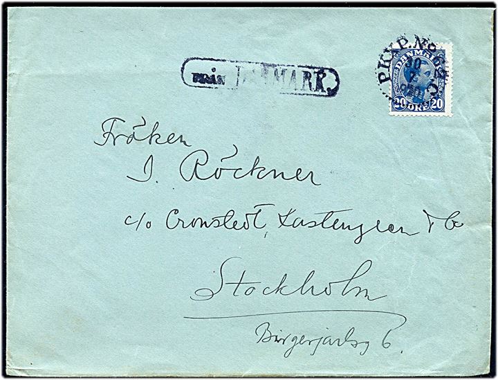 20 øre Chr. X på brev annulleret med svensk bureaustempel PKXP No. 62C (= Malmö - Nässjö) d. 30.7.1920 og sidestemplet Från Danmark til Stockholm, Sverige.