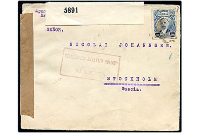 10 c. single på brev fra Mexico ca. 1916 til Stockholm, Sverige. Åbnet af britisk censur no. 5891 og tilbageholdt med stempel Released by the British Military Authorities. Ank.stemplet i Sverige d. 15.8.1919.
