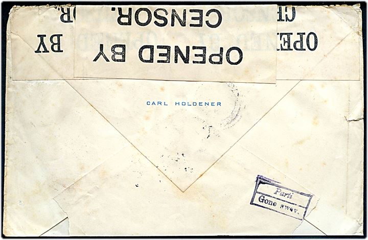 25 c. på brev fra Schw.. d. 1.10.1917 til Isleworth, England. Returneret med stempel Rebuts og på bagsiden 2-sproget stempel Gone away. Dobbeltcensureret af censor no. 4808 og 635.