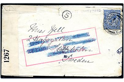2½d George V på brev stemplet London F.S. d. 5.10.1916 til Stockholm, Sverige. Returneret med stort stempel Undeliverable Returned to sender by censor, som igen er overstreget og ank.stemplet Stockholm d. 30.10.1916. Dobbelt censureret af den britiske censur. Mystisk brev.