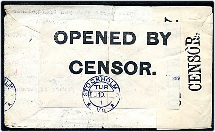 2½d George V på brev stemplet London F.S. d. 5.10.1916 til Stockholm, Sverige. Returneret med stort stempel Undeliverable Returned to sender by censor, som igen er overstreget og ank.stemplet Stockholm d. 30.10.1916. Dobbelt censureret af den britiske censur. Mystisk brev.