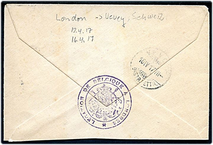 2½d George V på brev fra den belgiske legation i London annulleret London F.S.14 d. 12.4.1917 til Vevey, Schweiz. Rødt ovalt censurstempel War Office / Postal Censor.