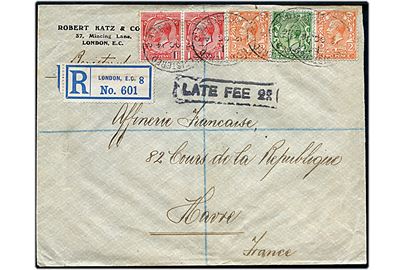 ½d, 1d (par), 2d (2) George V på anbefalet brev stemplet Late Fee fra London d. 12.10.1914 til Havre, Frankrig. Ingen tegn på censur.