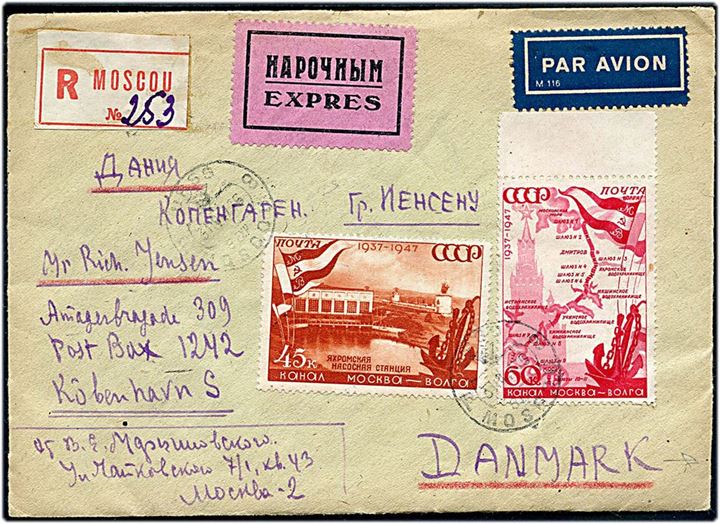 60 kop. Sovjetiske frimærker 25 år blok udg (rift)., samt 45 kop. og 60 kop. Moskva-Volga Kanal, på for- og bagside af anbefalet ekspres luftpostbrev fra Moskva d. 31.10.1947 til København, Danmark. Høj mærkeværdi.