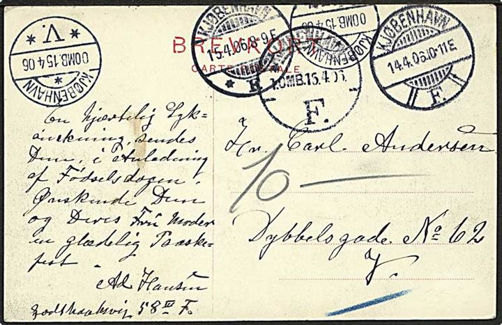 Ufrankeret lokalt brevkort i Kjøbenhavn d. 14.4.1906.